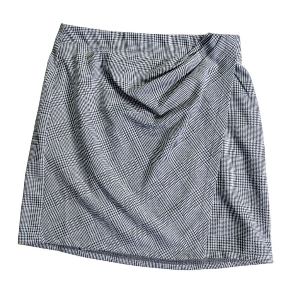 Max Studio Plaid Faux Wrap Mini Skirt Size XS 2707Q18 Gray Glen Check Stretch